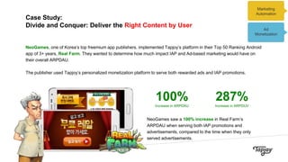Case Study:
Divide and Conquer: Deliver the Right Content by User
NeoGames, one of Korea’s top freemium app publishers, implemented Tapjoy’s platform in their Top 50 Ranking Android
app of 3+ years, Real Farm. They wanted to determine how much impact IAP and Ad-based marketing would have on
their overall ARPDAU.
The publisher used Tapjoy’s personalized monetization platform to serve both rewarded ads and IAP promotions.
100%
Increase in ARPDAU
287%
Increase in ARPDUV
NeoGames saw a 100% increase in Real Farm’s
ARPDAU when serving both IAP promotions and
advertisements, compared to the time when they only
served advertisements.
Marketing
Automation
Ad
Monetization
 