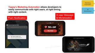 Tapjoy’s Marketing Automation allows developers to
easily communicate with right users, at right timing,
with right content.
Marketing
Automation
Push Notification
In-app Message
& Monetization
Ad
Monetization
 