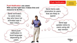 Push Notification use cases:
With out the right tool, it takes time and
resource to do this….
Marketing
Automation
Push Notification
Send items sale
promotion to users
that are likely to
spend
Send app
update notice to
users using old
app version
Send push
notification in
local language
depending on
users
Send reminders
to users every
day who have not
activated app in
last 3 days
 
