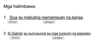 Mga halimbawa:
1. Siya ay mabuting mamamayan ng bansa.
2. Si Gabriel ay sumusunod sa mga tuntunin ng paaralan.
simuno panaguri
simuno panaguri
 