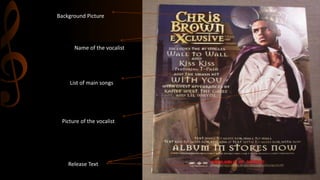 Name of the vocalist
Background Picture
List of main songs
Picture of the vocalist
Release Text
 