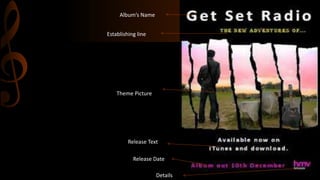 Album’s Name
Establishing line
Theme Picture
Release Text
Release Date
Details
 