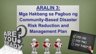 ARALIN 3:
Mga Hakbang sa Pagbuo ng
Community-Based Disaster
Risk Reduction and
Management Plan
 