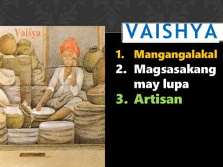 VAISHYA
1. Mangangalakal
2. Magsasakang
may lupa
3. Artisan
 