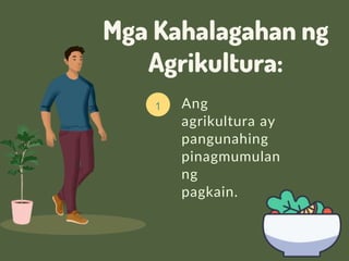 Mga Kahalagahan ng
Agrikultura:
1 Ang
agrikultura ay
pangunahing
pinagmumulan
ng
pagkain.
 