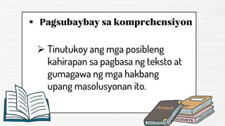 ▪
➢ Tinutukoy ang mga posibleng
kahirapan sa pagbasa ng teksto at
gumagawa ng mga hakbang
upang masolusyonan ito.
 