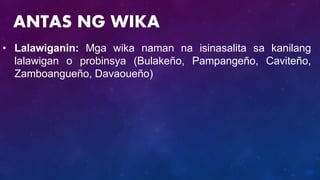 • Lalawiganin: Mga wika naman na isinasalita sa kanilang
lalawigan o probinsya (Bulakeño, Pampangeño, Caviteño,
Zamboangueño, Davaoueño)
ANTAS NG WIKA
 