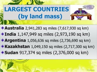 LARGEST COUNTRIES
(by land mass)
Australia 2,941,283 sq miles (7,617,930 sq km)
India 1,147,949 sq miles (2,973,190 sq km)
Argentina 1,056,636 sq miles (2,736,690 sq km)
Kazakhstan 1,049,150 sq miles (2,717,300 sq km)
Sudan 917,374 sq miles (2,376,000 sq km)
 