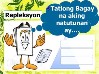 Repleksyon
Tatlong Bagay
na aking
natutunan
ay….
 