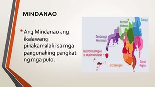 MINDANAO
•Ang Mindanao ang
ikalawang
pinakamalaki sa mga
pangunahing pangkat
ng mga pulo.
 