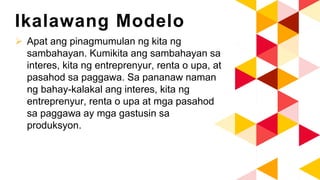 Ikalawang Modelo
 Apat ang pinagmumulan ng kita ng
sambahayan. Kumikita ang sambahayan sa
interes, kita ng entreprenyur, renta o upa, at
pasahod sa paggawa. Sa pananaw naman
ng bahay-kalakal ang interes, kita ng
entreprenyur, renta o upa at mga pasahod
sa paggawa ay mga gastusin sa
produksyon.
 