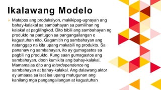 Ikalawang Modelo
 Matapos ang produksiyon, makikipag-ugnayan ang
bahay-kalakal sa sambahayan sa pamilihan ng
kalakal at paglilingkod. Dito bibili ang sambahayan ng
produkto na pantugon sa pangangailangan o
kagustuhan nito. Gagamitin ng sambahayan ang
natanggap na kita upang makabili ng produkto. Sa
pananaw ng sambahayan, ito ay gumagastos sa
pagbili ng produkto. Kung saan gumagastos ang
sambahayan, doon kumikita ang bahay-kalakal.
Mamamalas dito ang interdependence ng
sambahayan at bahay-kalakal. Ang dalawang aktor
ay umaasa sa isat isa upang matugunan ang
kanilang mga pangangailangan at kagustuhan
 