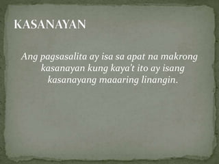 Ang pagsasalita ay isa sa apat na makrong
kasanayan kung kaya’t ito ay isang
kasanayang maaaring linangin.
 