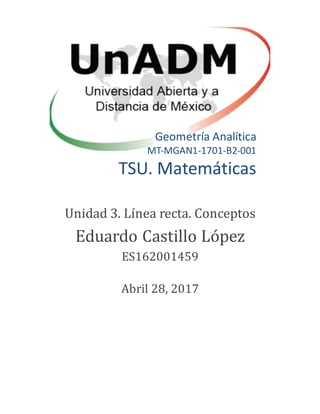 Geometría Analítica
MT-MGAN1-1701-B2-001
TSU. Matemáticas
Unidad 3. Línea recta. Conceptos
Eduardo Castillo Lopez
ES162001459
Abril 28, 2017
 