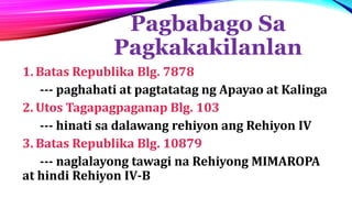 Pagbabago Sa
Pagkakakilanlan
1. Batas Republika Blg. 7878
--- paghahati at pagtatatag ng Apayao at Kalinga
2. Utos Tagapagpaganap Blg. 103
--- hinati sa dalawang rehiyon ang Rehiyon IV
3. Batas Republika Blg. 10879
--- naglalayong tawagi na Rehiyong MIMAROPA
at hindi Rehiyon IV-B
 