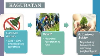 Corazon
Aquino
• 1986 – 1992 –
pinagbawal ang
pagtotroso
DENR
• Programa:
Pagtatanim ng
Puno
Pribadong
Sektor
• Nagbukas ng
kamalayan sa
suliraning
pangkapaligiran
 