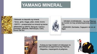 YAMANG MINERAL
- Malawak na deposito ng mineral
- Tanso, ginto, tingga, pilak, nickel, kromo
- GINTO – pinakamahal na mineral ng bansa
-MINAHAN ng GINTO: Benguet, Camsur,
Zambales, Masbate, Marinduque, Cebu,
Davao Del Sur
- KROMO (CHROMIUM) – Isa ang Pilipinas
sa mundo na may pinakamayamang deposito
nito.
- MINAHAN: Zambales, Cagayann de oro at
Iligan
- Kulang sa mga modern at mahusaya na
teknolohiya sa pagmimina ang Pilipinas.
- Magastos, mapanganib at peligroso.
 