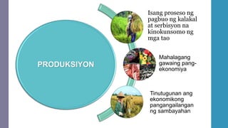 PRODUKSIYON
Isang proseso ng
pagbuo ng kalakal
at serbisyon na
kinokunsomo ng
mga tao
Mahalagang
gawaing pang-
ekonomiya
Tinutugunan ang
ekonomikong
pangangailangan
ng sambayahan
 