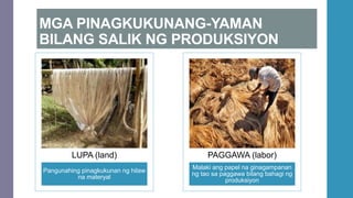 MGA PINAGKUKUNANG-YAMAN
BILANG SALIK NG PRODUKSIYON
Pangunahing pinagkukunan ng hilaw
na materyal
LUPA (land)
Malaki ang papel na ginagampanan
ng tao sa paggawa bilang bahagi ng
produksiyon
PAGGAWA (labor)
 