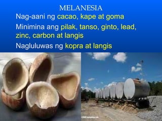 MELANESIA
Nag-aani ng cacao, kape at goma
Minimina ang pilak, tanso, ginto, lead,
zinc, carbon at langis
Nagluluwas ng kopra at langis
 