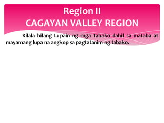 Region II
       CAGAYAN VALLEY REGION
     Kilala bilang Lupain ng mga Tabako dahil sa mataba at
mayamang lupa na angkop sa pagtatanim ng tabako.
 
