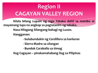 Region II
       CAGAYAN VALLEY REGION
     Kilala bilang Lupain ng mga Tabako dahil sa mataba at
mayamang lupa na angkop sa pagtatanim ng tabako.
     Nasa Hilagang Silangang bahagi ng Luzon.
     Hangganan:
            - bulubundukin ng Cordillera sa kanluran
            - Sierra Madre sa silangan
            - Bundok Caraballo sa timog
     Ilog Cagayan – pinakamahabang ilog sa Pilipinas
 
