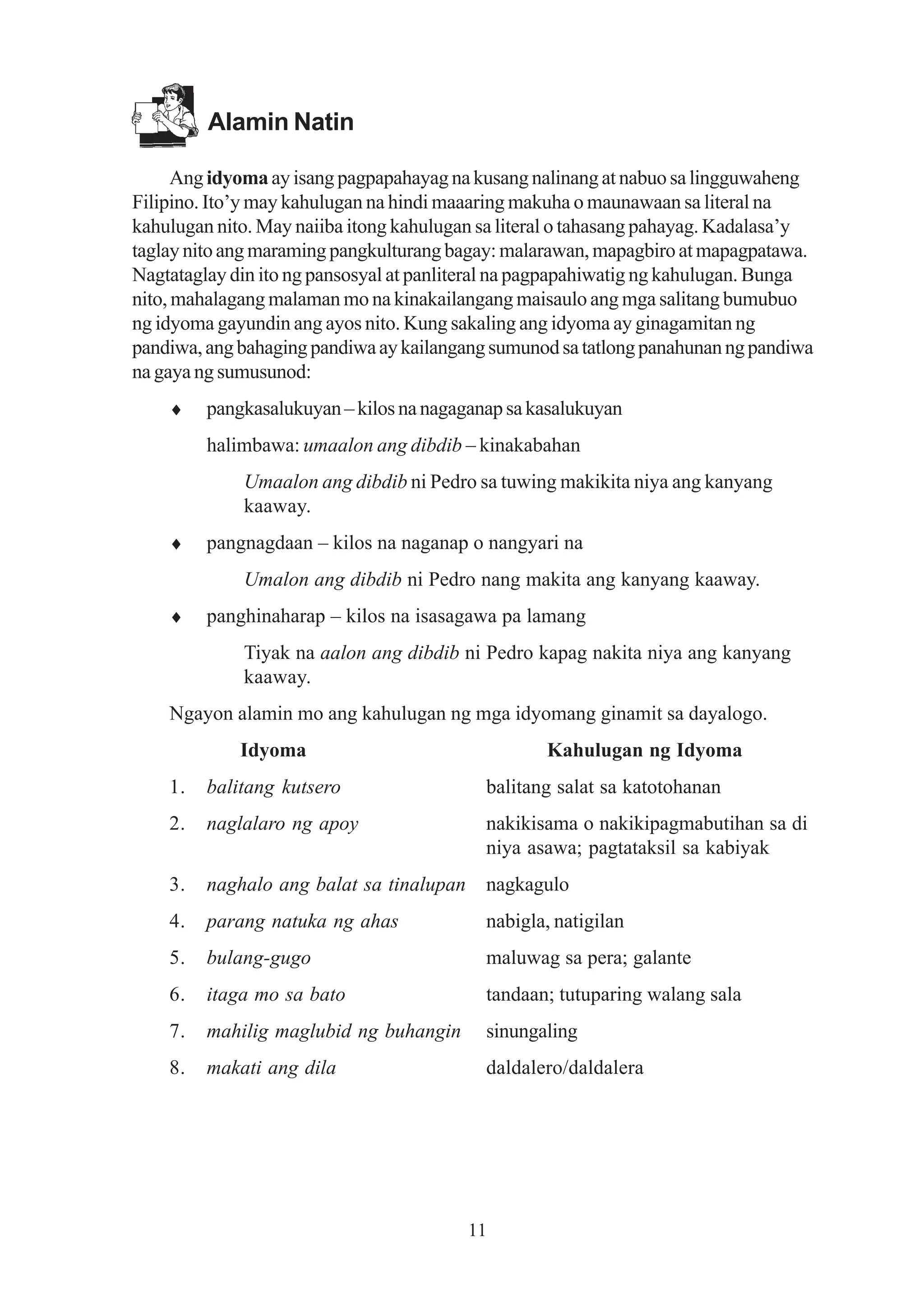 Alamin Natin

      Ang idyoma ay isang pagpapahayag na kusang nalinang at nabuo sa lingguwaheng
Filipino. Ito’y may kahulugan na hindi maaaring makuha o maunawaan sa literal na
kahulugan nito. May naiiba itong kahulugan sa literal o tahasang pahayag. Kadalasa’y
taglay nito ang maraming pangkulturang bagay: malarawan, mapagbiro at mapagpatawa.
Nagtataglay din ito ng pansosyal at panliteral na pagpapahiwatig ng kahulugan. Bunga
nito, mahalagang malaman mo na kinakailangang maisaulo ang mga salitang bumubuo
ng idyoma gayundin ang ayos nito. Kung sakaling ang idyoma ay ginagamitan ng
pandiwa, ang bahaging pandiwa ay kailangang sumunod sa tatlong panahunan ng pandiwa
na gaya ng sumusunod:
    ♦    pangkasalukuyan – kilos na nagaganap sa kasalukuyan
         halimbawa: umaalon ang dibdib – kinakabahan
             Umaalon ang dibdib ni Pedro sa tuwing makikita niya ang kanyang
             kaaway.
    ♦    pangnagdaan – kilos na naganap o nangyari na
             Umalon ang dibdib ni Pedro nang makita ang kanyang kaaway.
    ♦    panghinaharap – kilos na isasagawa pa lamang
             Tiyak na aalon ang dibdib ni Pedro kapag nakita niya ang kanyang
             kaaway.
    Ngayon alamin mo ang kahulugan ng mga idyomang ginamit sa dayalogo.
             Idyoma                                Kahulugan ng Idyoma
    1.   balitang kutsero                  balitang salat sa katotohanan
    2.   naglalaro ng apoy                 nakikisama o nakikipagmabutihan sa di
                                           niya asawa; pagtataksil sa kabiyak
    3.   naghalo ang balat sa tinalupan    nagkagulo
    4.   parang natuka ng ahas             nabigla, natigilan
    5.   bulang-gugo                       maluwag sa pera; galante
    6.   itaga mo sa bato                  tandaan; tutuparing walang sala
    7.   mahilig maglubid ng buhangin      sinungaling
    8.   makati ang dila                   daldalero/daldalera




                                          11
 