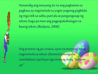 Ang proseso ngpa-unawa,ayon sa teoryang ito, ay
nagsisimulasa teksto (bottom)patungosa
mambabasa (up)kaya nga tinawagitong“bottom-
up”
Nananaligang teoryang itona ang pagkatutosa
pagbasa ay nagsisimulasa yugto-yugtongpagkilala
ngmga titiksa salita,parirala at pangungusapng
teksto,bago pa manang pagpapakahulugansa
buong teksto(Badayos, 2000).
 