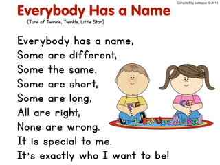 Everybody Has a Name
Everybody has a name,
Some are different,
Some the same.
Some are short,
Some are long,
All are right,
None are wrong.
It is special to me.
It’s exactly who I want to be!
(Tune of Twinkle, Twinkle, Little Star)
Compiled by sabbypar © 2013
 