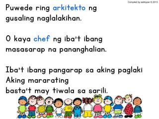 Puwede ring arkitekto ng
gusaling naglalakihan.
O kaya chef ng iba’t ibang
masasarap na pananghalian.
Iba’t ibang pangarap sa aking paglaki
Aking mararating
basta’t may tiwala sa sarili.
Compiled by sabbypar © 2013
 