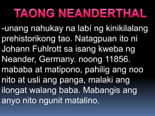-unang nahukay na labí ng kinikilalang
prehistorikong tao. Natagpuan ito ni
Johann Fuhlrott sa isang kweba ng
Neander, Germany. noong 11856.
mababa at matipono, pahilig ang noo
nito at usli ang panga, malaki ang
ilongat walang baba. Mabangis ang
anyo nito ngunit matalino.
 