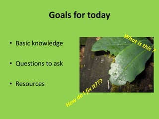 Goals for todayBasic knowledgeQuestions to askResourcesWhat is this ?How do I fix it???