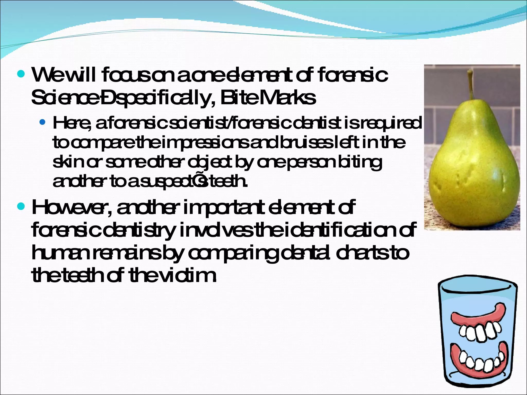 We will focus on a one element of forensic Science – specifically, Bite Marks Here, a forensic scientist/forensic dentist is required to compare the impressions and bruises left in the skin or some other object by one person biting another to a suspect’s teeth. However, another important element of forensic dentistry involves the identification of human remains by comparing dental charts to the teeth of the victim. 