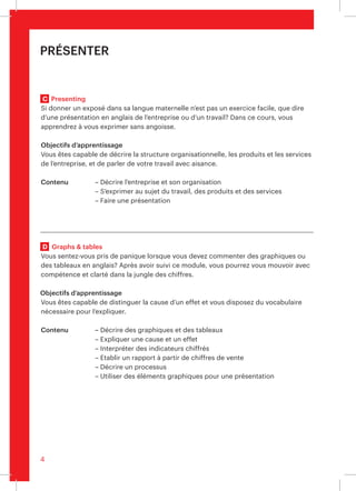 4
C	 Presenting
Si pour vos collaborateurs donner un exposé dans leur langue maternelle constitue
déjà un défi, faire une présentation de l’entreprise ou d’un travail en anglais a de quoi
faire monter leur taux d’adrénaline. Dans ce cours, ils apprennent à faire une présenta-
tion avec assurance et conviction.
Objectifs d’apprentissage
Vos collaborateurs sont à l’aise pour donner des renseignements sur leur travail. Ils
sont capables de décrire et d’expliquer la structure organisationnelle, les produits et
les services de l’entreprise.
Contenu	 – Décrire l’entreprise et son organisation
		 – S’exprimer au sujet du travail, des produits et des services
		 – Faire une présentation
D	 Graphs & tables
Vos collaborateurs sont-ils pris de panique lorsqu’ils doivent commenter des graphiques
ou des tableaux en anglais? Grâce à ce module, ils acquerront l’aisance nécessaire pour
s’y retrouver dans la jungle des chiffres et s’exprimer avec compétence et clarté.
Objectifs d’apprentissage	
Votre personnel est capable de distinguer la cause d’un effet et dispose du vocabulaire
nécessaire pour l’expliquer.
Contenu 	 – Décrire des graphiques et des tableaux
		 – Expliquer une cause et un effet
		 – Interpréter des indicateurs chiffrés
		 – Etablir un rapport à partir de chiffres de vente
		 – Décrire un processus
		 – Utiliser des éléments graphiques pour une présentation
Présenter
 