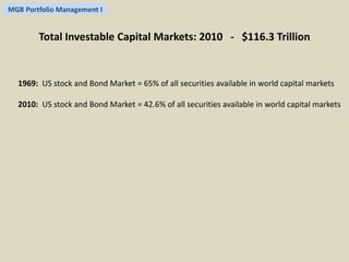 MGB Portfolio Management I 
Total Investable Capital Markets: 2010 - $116.3 Trillion 
1969: US stock and Bond Market = 65% of all securities available in world capital markets 
2010: US stock and Bond Market = 42.6% of all securities available in world capital markets 
 