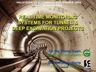 MGC2004
REAL TIME MONITORING
SYSTEMS FOR TUNNEL &
DEEP EXCAVATION PROJECTS
Dr Ng Tiong Guan
GeoEng Consultants
Dr Tan Guan Hong
SysEng (S) Pte Ltd
MALAYSIAN GEOTECHNICAL CONFERENCE 2004
16 – 18 March 2004
 