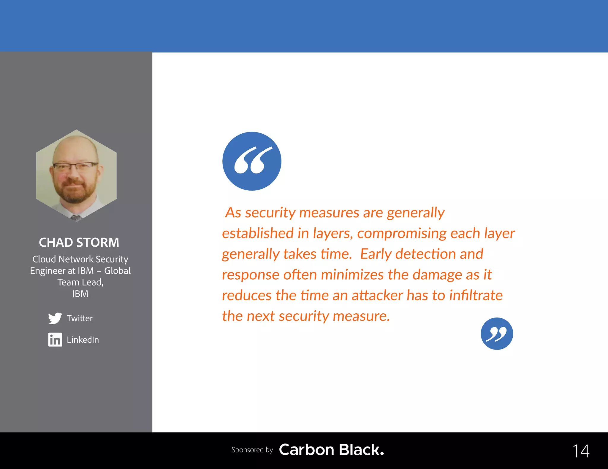 CHAD STORM
Cloud Network Security
Engineer at IBM – Global
Team Lead,
IBM
Twitter
LinkedIn
14
As security measures are generally
established in layers, compromising each layer
generally takes time. Early detection and
response often minimizes the damage as it
reduces the time an attacker has to infiltrate
the next security measure.
Sponsored by
 