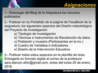 Page 14
1.- Descargar del Blog de la Asignatura los recursos
publicados.
2.- Publicar en su Portafolio de la página de FaceBook de la
asignatura, los siguientes aspectos del Diseño metodológico
del Proyecto de Investigación:
a) Tipología de Investigación
b) Técnicas e Instrumentos de Recolección de datos
c) Población y muestra (Participantes en la inv.)
d) Cuadro de Variables e Indicadores
e) Diseño de la Intervención Educativa
3.- Publicar todos estos aspectos en la plantilla de tesis.
Entregarla en formato digital al correo de la profesora
sara.alarcon.afon@gmail.com, antes del lunes 25 de enero,
2016.
Asignaciones
 