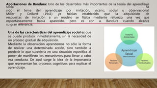 Aportaciones de Bandura: Uno de los desarrollos más importantes de la teoría del aprendizaje
social ha
sido el tema del aprendizaje por imitación, vicario, social u observacional.
Miller y Dollard (1941) ya habían establecido que la adquisición de
respuestas de imitación a un modelo se fijaba mediante refuerzo, una vez que
espontáneamente había aparecido. pero es con a. Bandura cuando alcanza
su gran relevancia.
Una de las características del aprendizaje social es que
se puede producir inmediatamente, sin la necesidad de
un proceso gradual de adquisición.
Mediante la observación aprendemos no sólo la forma
de realizar una determinada acción, sino también a
predecir lo que sucedería en una situación específica al
poner de manifiesto los mecanismos para llevar a cabo
esa conducta. De aquí surge la idea de la importancia
que representan los procesos cognitivos para explicar el
aprendizaje.
 