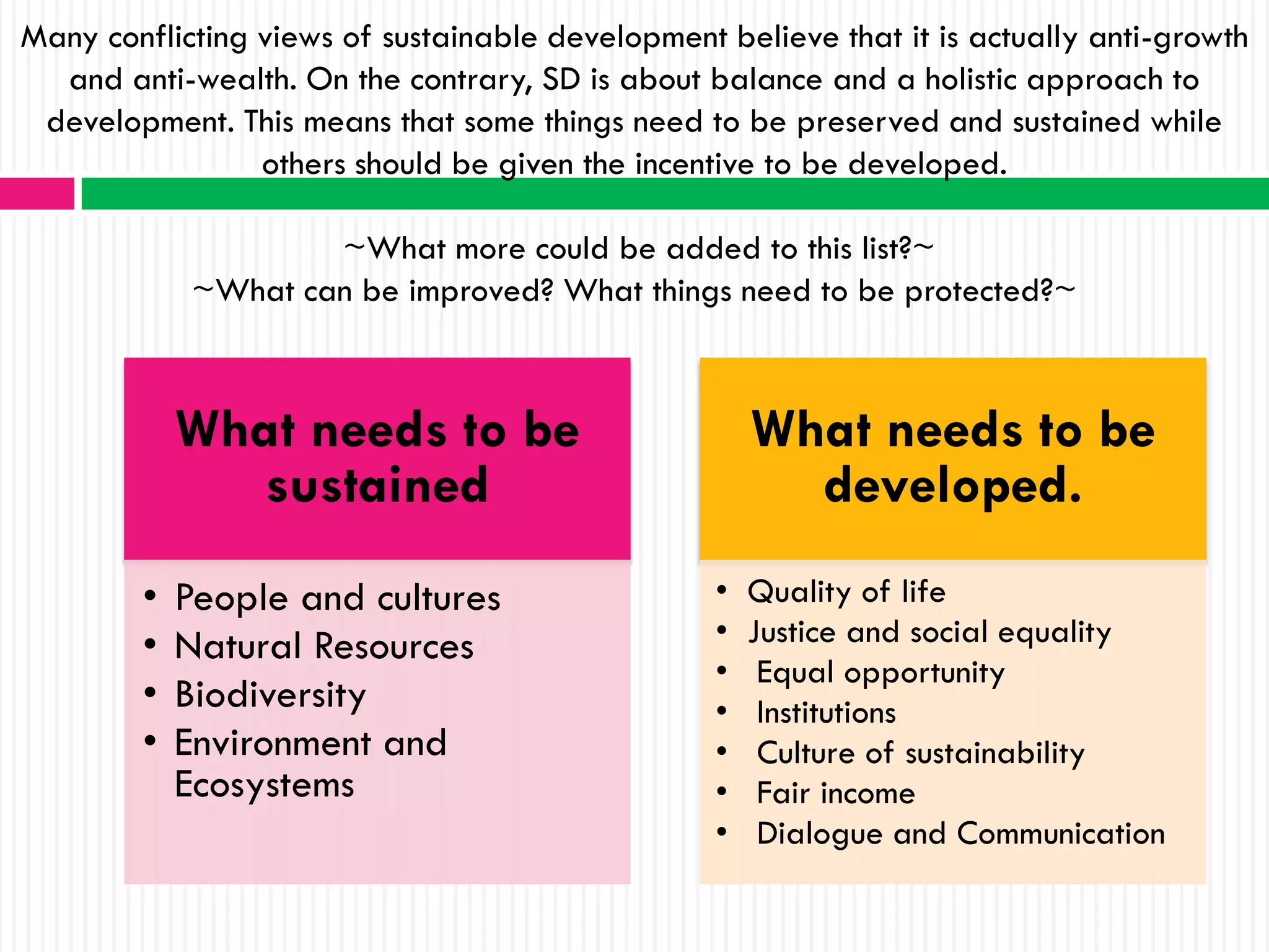 Many conflicting views of sustainable development believe that it is actually anti-growth
  and anti-wealth. On the contrary, SD is about balance and a holistic approach to
 development. This means that some things need to be preserved and sustained while
                 others should be given the incentive to be developed.

                     ~What more could be added to this list?~
             ~What can be improved? What things need to be protected?~



            What needs to be                          What needs to be
              sustained                                 developed.
        •   People and cultures                   •   Quality of life
        •   Natural Resources                     •   Justice and social equality
                                                  •    Equal opportunity
        •   Biodiversity                          •    Institutions
        •   Environment and                       •    Culture of sustainability
            Ecosystems                            •    Fair income
                                                  •    Dialogue and Communication
 