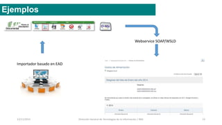 12/11/2015 Dirección General de Tecnologías de la Información / INAI 13
Ejemplos
Importador basado en EAD
Webservice SOAP/WSLD
 