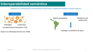 12/11/2015 Dirección General de Tecnologías de la Información / INAI 9
Interoperabilidad semántica
1. Vista técnica
Clasificación e interpretación automatizada de información, explotación mediante sistemas expertos
2. Vista semántica
Ontologías
Dublin Core Metadata Element Set -DCMI
Encoded Archival Description- EAD
Linked Data
Matices geográficos Plataformas de
colaboración
Catálogos y estándares de datos
 