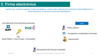 12/11/2015 Dirección General de Tecnologías de la Información / INAI 6
3. Firma electrónica
Aquella que, realizada mediante medios tecnológicos, cumple todas o algunas de las funciones desarrolladas por la
firma tradicional, en concreto una función identificativa
Ley Federal de Firma Electrónica Avanzada
FIEL
(Llave Pública + Llave Privada + Contraseña)
Usos
Autenticación
Sellos, cadenas
Encriptación, ensobretado vía firmado
Actualización de Firma por caducidad
 