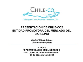 PRESENTACIÓN DE CHILE-CO2 ENTIDAD PROMOTORA DEL MERCADO DEL CARBONO Maricel Gibbs Robles Gerente de Proyecto CURSO “ OPORTUNIDADES EN EL MERCADO  DEL CARBONO PARA EMPRESAS”   03 de Diciembre de 2009 