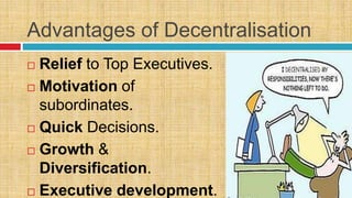 Advantages of Decentralisation
 Relief to Top Executives.
 Motivation of
subordinates.
 Quick Decisions.
 Growth &
Diversification.
 Executive development.
 