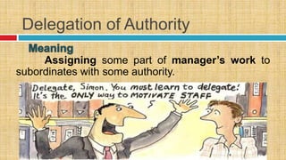 Delegation of Authority
Assigning some part of manager’s work to
subordinates with some authority.
 
