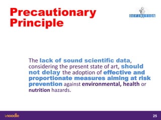 samedi 13 février 2016
25
25
2525
Precautionary
Principle
The lack of sound scientific data,
considering the present state of art, should
not delay the adoption of effective and
proportionate measures aiming at risk
prevention against environmental, health or
nutrition hazards.
 