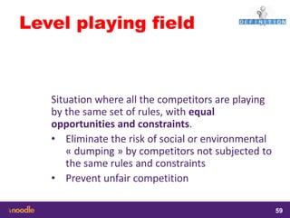 samedi 13 février 2016
59
59
5959
Level playing field
Situation where all the competitors are playing
by the same set of rules, with equal
opportunities and constraints.
• Eliminate the risk of social or environmental
« dumping » by competitors not subjected to
the same rules and constraints
• Prevent unfair competition
 