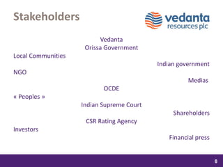 samedi 13 février 2016
8
8
88
Stakeholders
Vedanta
Orissa Government
Local Communities
Indian government
NGO
Medias
OCDE
« Peoples »
Indian Supreme Court
Shareholders
CSR Rating Agency
Investors
Financial press
 