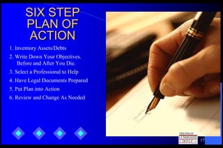 SIX STEP
       PLAN OF
        ACTION
1. Inventory Assets/Debts
2. Write Down Your Objectives.
   Before and After You Die.
3. Select a Professional to Help
4. Have Legal Documents Prepared
5. Put Plan into Action
6. Review and Change As Needed




                                   17
 
